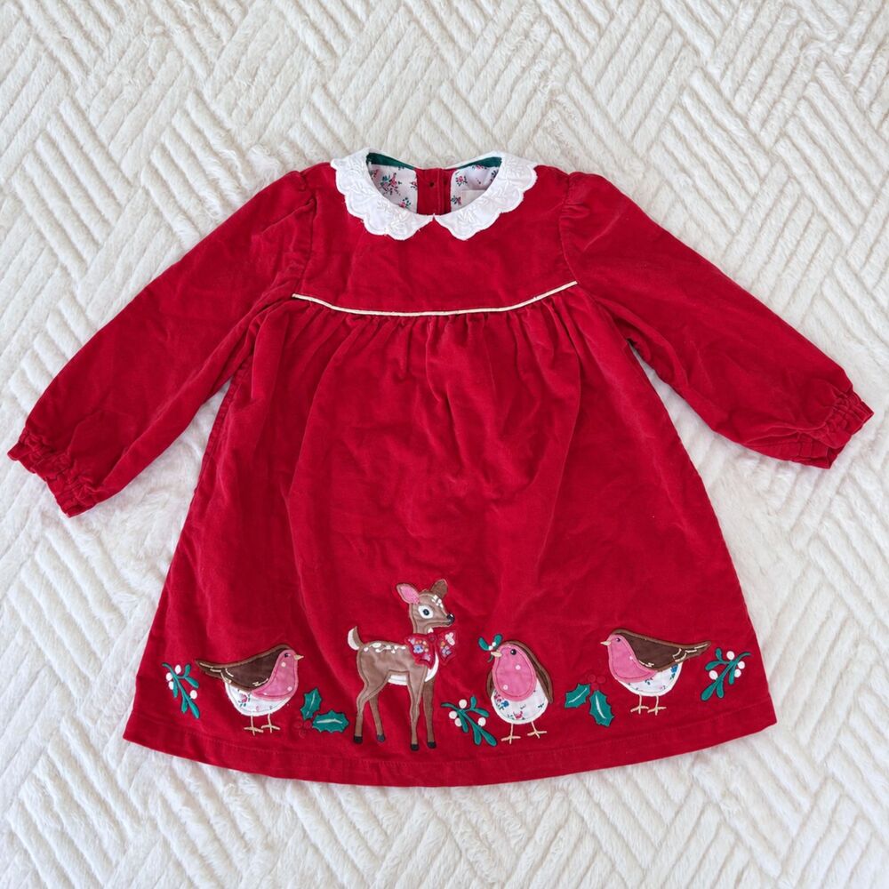 Baby Boden 9-12M Red Velvet Deer Bird Applique Christmas Holiday Dress Girls